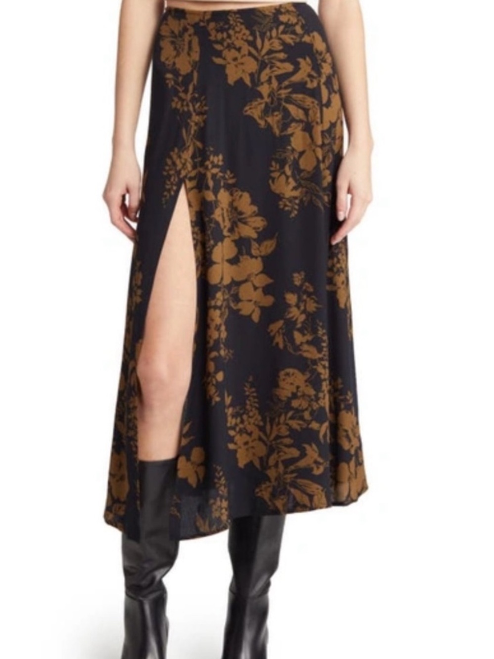 Reformation Black Maxi Skirt with Brown Floral Print and Front Split